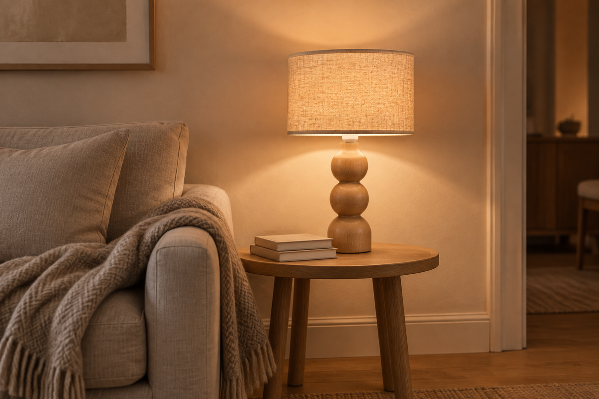 Tänd bordslampa med träfot och linneskärm på ett sidobord vid en soffa med pläd, i varmt kvällsljus
