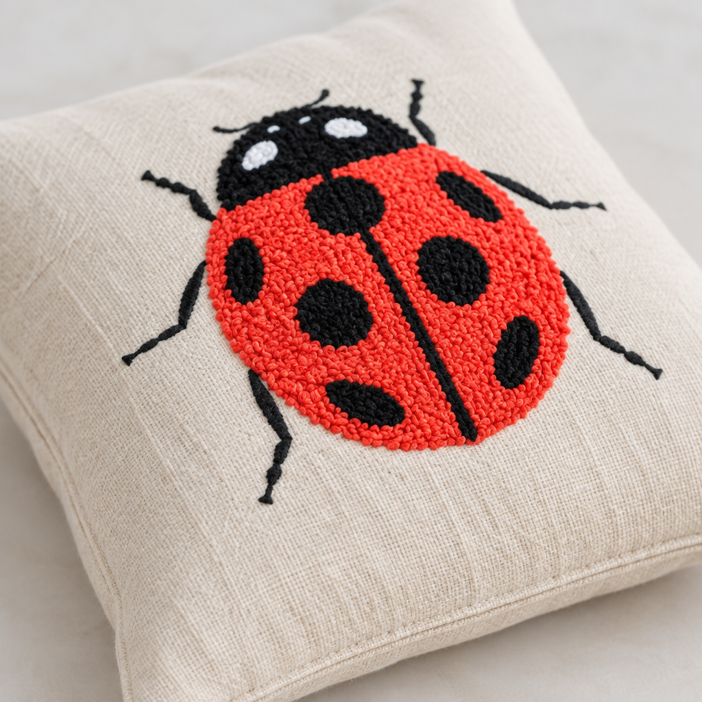 Närbild av Ladybird-broderiet