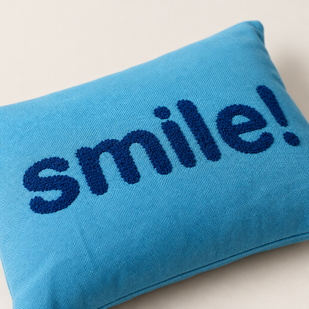 Närbild av Smile Blås broderi